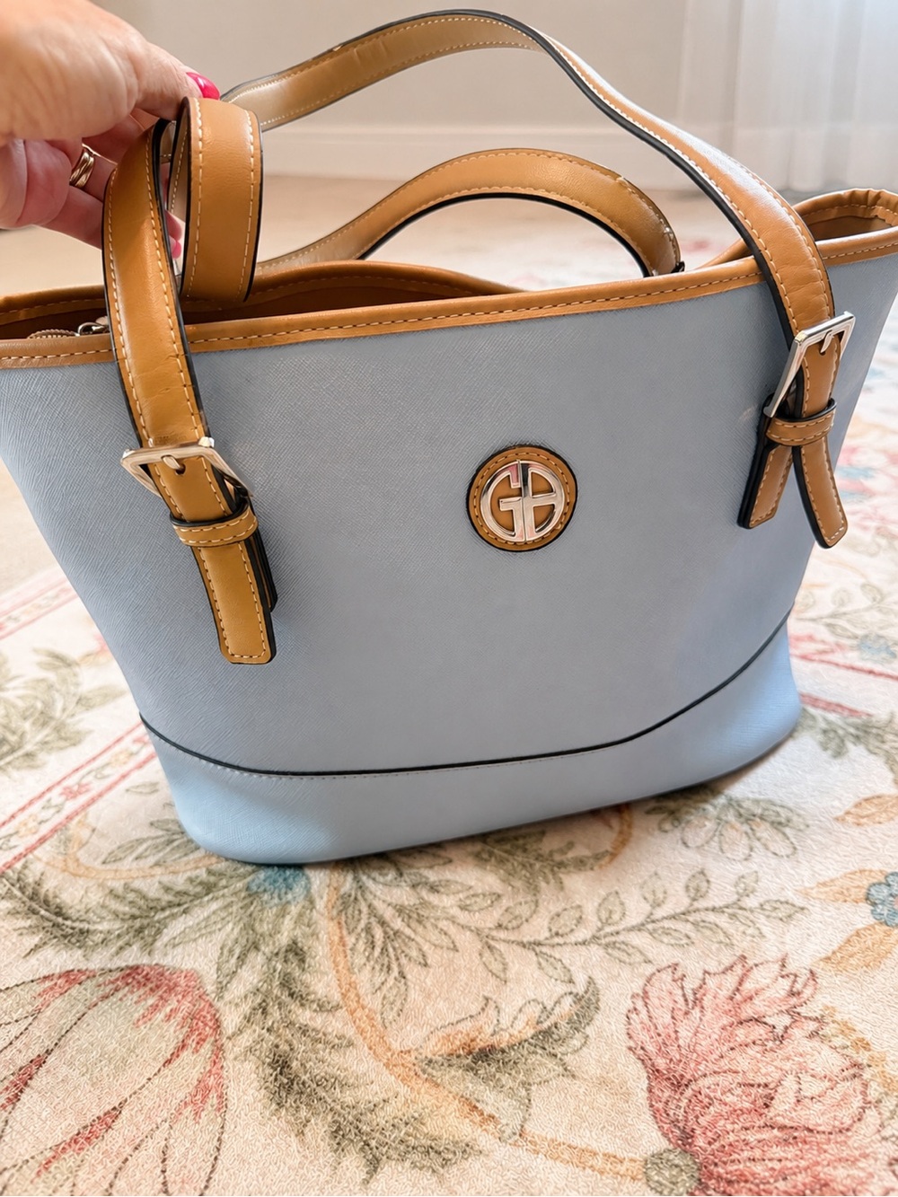 Light Blue and Tan Shoulder Tote with Circle Logo Accent